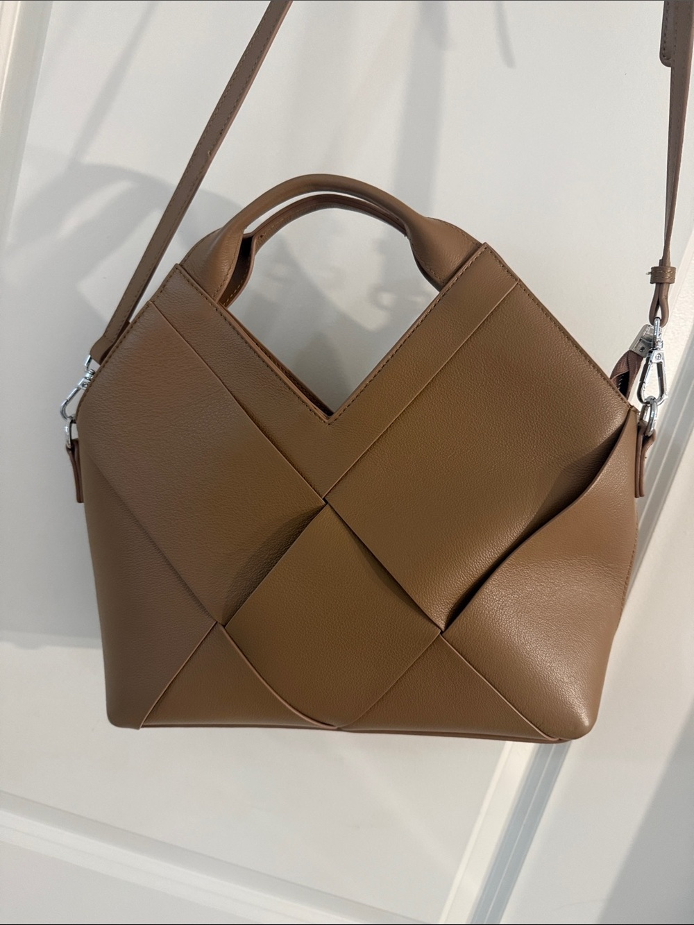 Structured Woven Leather Top-Handle Bag in Brown